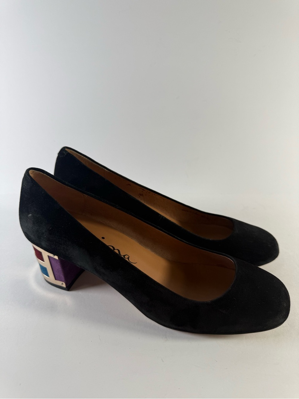 Mina Black Suede Block Heel Pumps with Color-Block Accent- Size 7